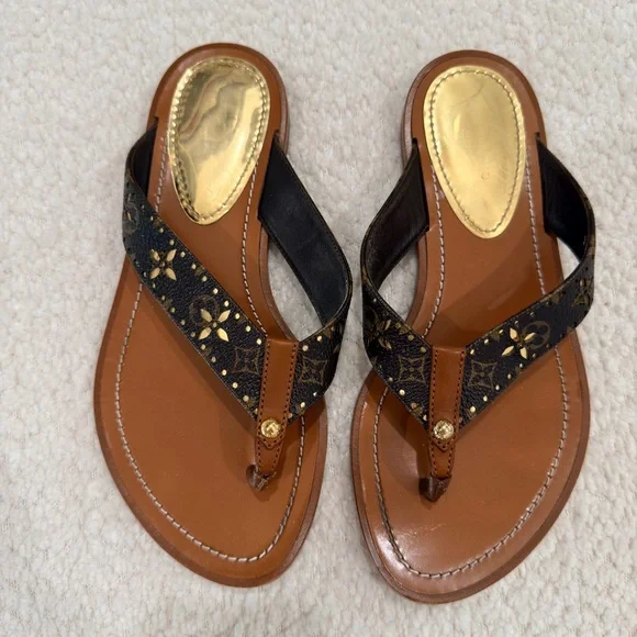 Louis Vuitton Brown and Black Sandals Flip Flops with Gold Accents 35 - Picture 3 of 8